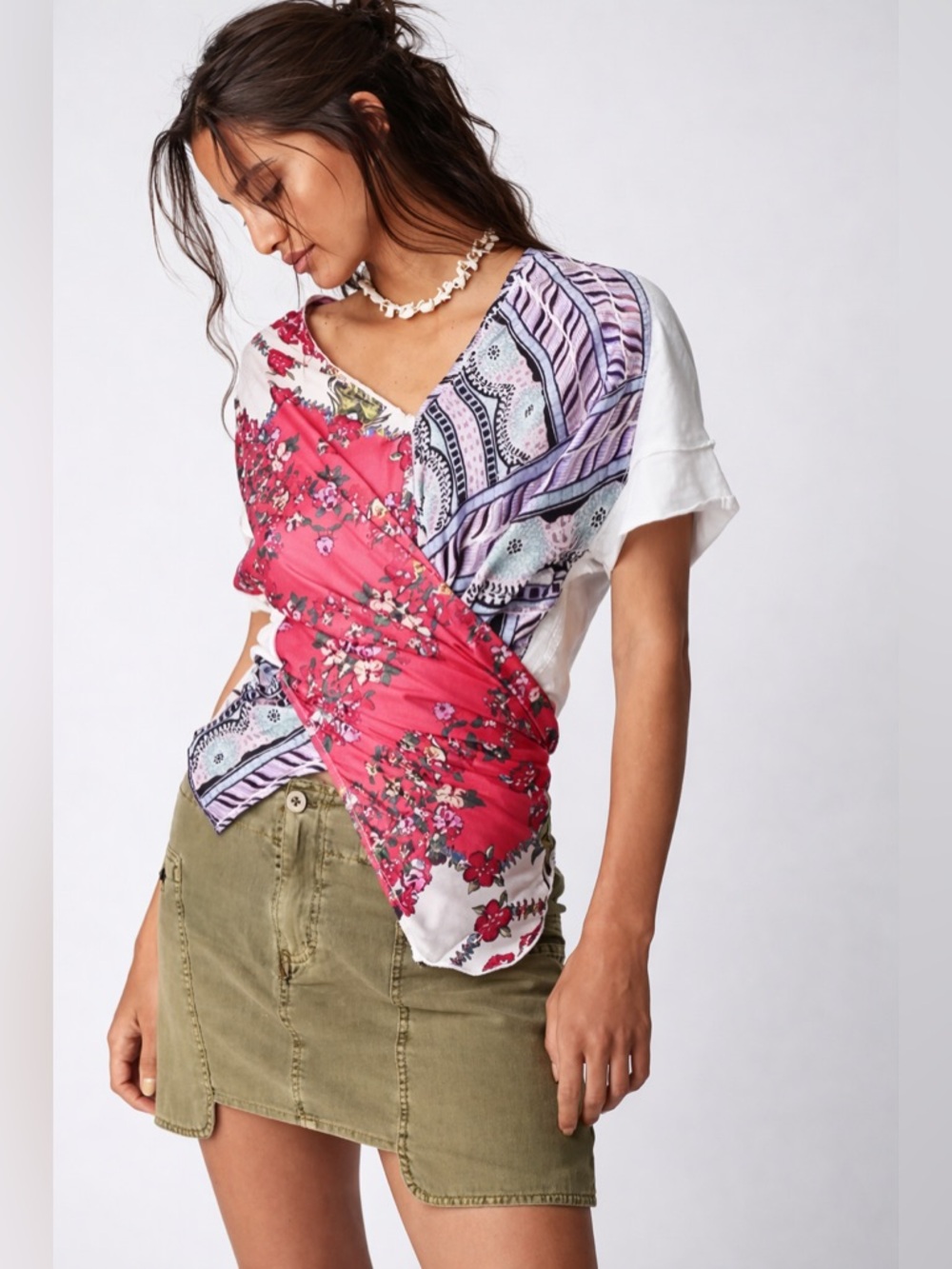 Free People Pick Your Scarf Tee Boho Patchwork Print Top Women Size S